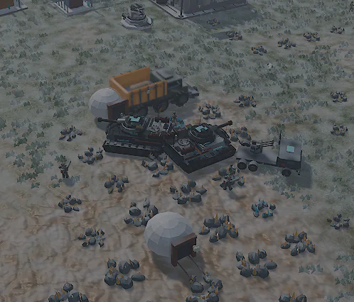 Tanks and an ore truck parked between ore deposits.