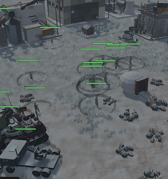 Selected infantry with selection rings on snow, next to a pillbox and ore.