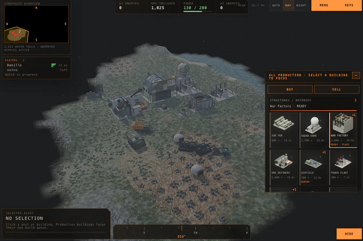 A full match view with the production panel, minimap and player list.